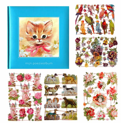 Poëziealbum - 16x16 - Lichtblauw - S7 - Poes met roze strik - met 5 vellen Poëzieplaatjes - Versjes - Gedicht - Cadeau - Sint - Geschenk - Knutselen - Hobby - Creatief - Scrapbook - Poezie