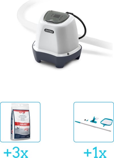 Intex QS200 zoutwatersysteem - Zwembaden tot 8.327 liter inclusief Zwembadzout 15 kg. (3 stuks) & Intex Onderhoudsset met telescoopsteel - 2-delig - 28002 (1 stuks)