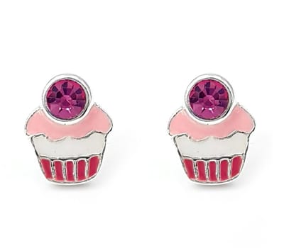 Zilveren oorknopjes cupcake roze met kristal steentje