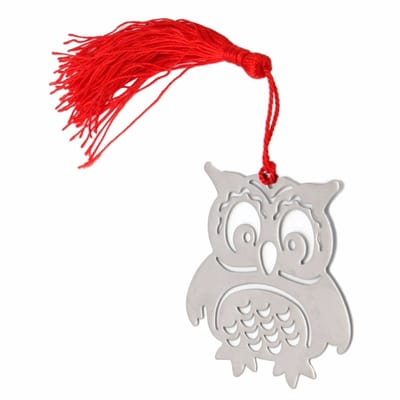 Boekenlegger uil - Bladwijzer - Leesaccessoire - Zilverkleurig - Rood kwastje - Cadeautje boekenwurm - Metaal - RVS - Jonyx
