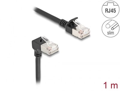 Delock RJ45 Network Cable Cat.6A S/FTP Slim 90° downwards angled / straight 1 m black