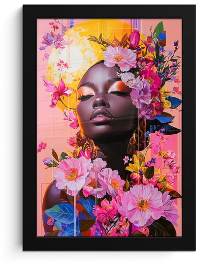 Poster in lijst - Fotolijst 20x30 cm - Posters - Kleurrijk - Bloemen - Vrouw - Zon - Posterlijst zwart - Decoratie - Wanddecoratie woonkamer - Muurdecoratie slaapkamer