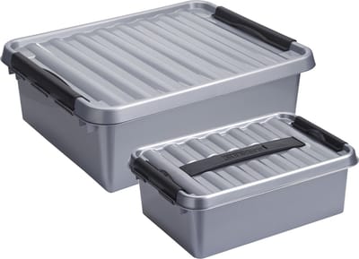 Sunware Opberg boxen 2x stuks - 12 en 25 liter - kunststof - grijs - met deksel - manden - kisten - opslag