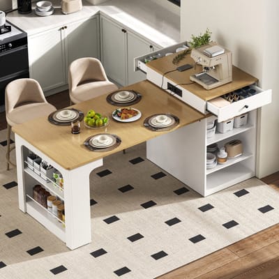 Keukeneiland - Met Rollen - Uittrekbare Eettafel Met Afneembaar Blad - Bartafel Met Stopcontacten - Keuken En Eetkamer - Wit