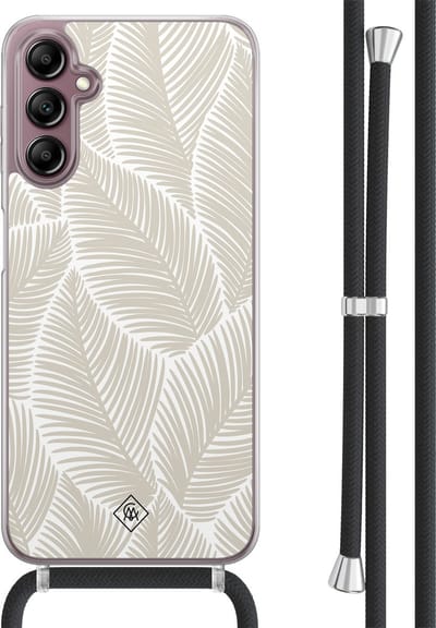 Casimoda® hoesje met koord - Geschikt voor Samsung A14 - Palm Leaves Beige - Afneembaar koord - TPU/acryl - Bruin/beige