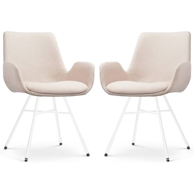 Nolon Noa-Eef Eetkamerstoelen Set van 2 Beige - met Armleuning - Stof - Wit Metalen Onderstel - Lage Armleuning - Industrieel - Design