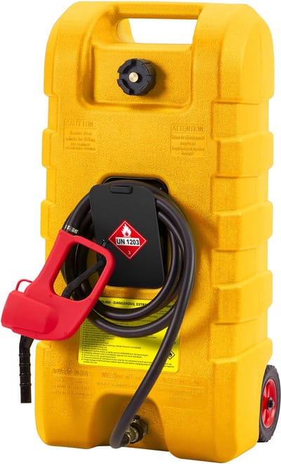 15 gallon (56 liter) brandstofkan, slanke, robuuste dieselkan en brandstofwagen met handmatige overpomppomp, draagbare brandstoftank op wielen met een slang van 300cm voor grasmaaiers, auto’s, boten, ATV’s, thuis- en landbouwgebruik, Geel