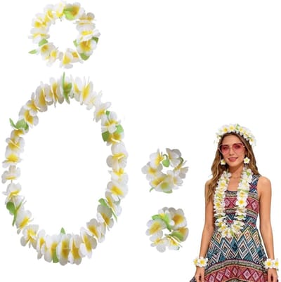 longziming -Hawaii Accessoire Set - Tropisch Bloemenkostuum - 4-Delig Feestpakket - Ademend Frangipani Ontwerp - Duurzaam Polyester - Comfortabele Elastische Pasvorm - Ideaal Voor Strandfeesten - 1 Stuks