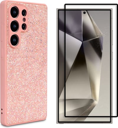 Casemania Hoesje & Volledig Dekkend Glas Geschikt voor Samsung Galaxy S25 Ultra - Roze - Diamant Glitter Back Cover & Glazen Screenprotector