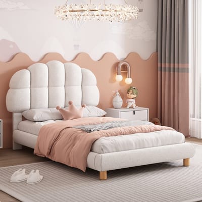 SINGULARITY-90x200cm eenpersoonsbed- kinderbed- jeugdbed- gestoffeerd bed- houten lattenbodem- rond fleece- wit- zonder matras