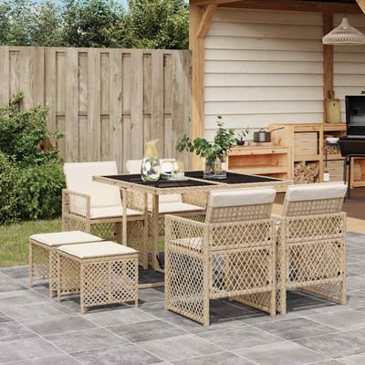 vidaXL - 9-delige - Tuinset - met - kussens - poly - rattan - beige