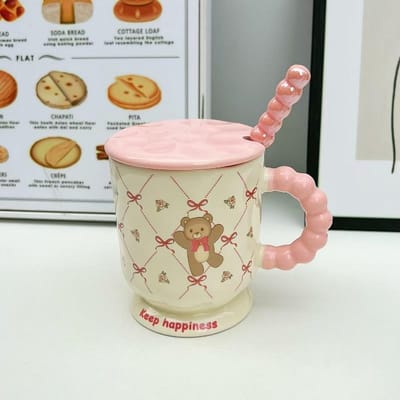 Leuke Cartoon Beer Mok met Deksel en Lepel Keramische Waterbeker voor Meisjes Praktisch Verjaardagscadeau voor Vrienden 301-400ml beige