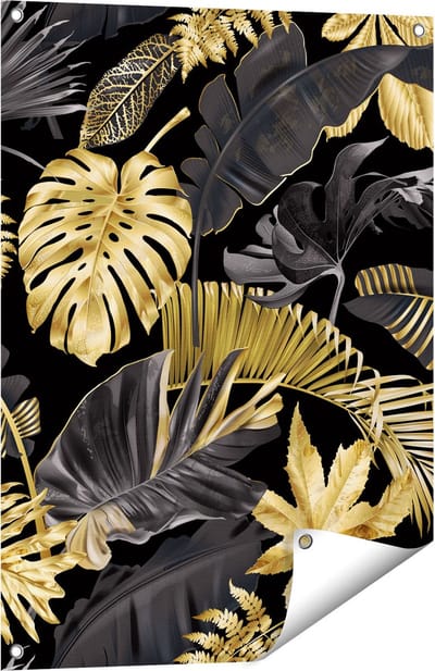 Gards Tuinposter Gouden Tropische Bladeren - 60x80 cm - Tuindoek - Tuindecoratie - Wanddecoratie buiten - Tuinschilderij