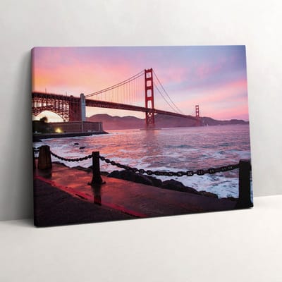 Wallfluent Foto Op Canvas Uitzicht op de Golden Gate Bridge - 80 x 60 cm - Roze Canvas Schilderij - Fotografie Foto Op Doek - Natuur Print Van Doek - Fotografie Schilderij Op Canvas