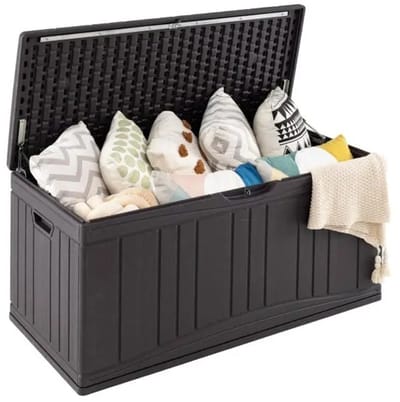 Emvae Opbergbox Tuinkussenbox - Opbergbox Tuin - Tuinbox 300L - Opbergbox Tuin - Waterbestendig HDPE - Met Gasveren - 114 x 55 x 61 cm - Houtnerf