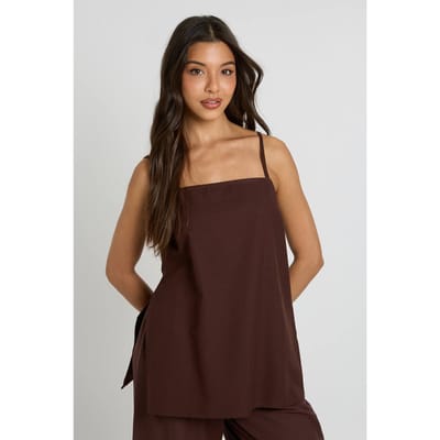boohoo Dames Linnen-look Longline Cami & Wijde Broek Co-ord | Chocoladebruin | Maat: 34