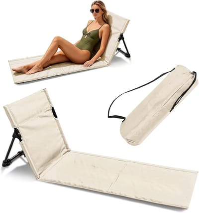 SnelShoppen - Strandmat met Rugleuning, Vouwbare Ligmat met Rugsteun, Lichtgewicht Strandstoel met Opbergzak, Perfect voor Camping, Strand, Tuin, Beig