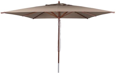 Horeca-parasol van hout MCW-C57b, tuinparasol, polyester/hout 29 kg, vierkant 4x4 m, met touwbediening, schokbestendig ~ taupe