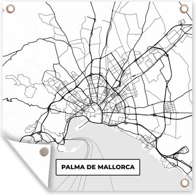Tuin poster Kaart - Mallorca - Stadskaart - Zwart Wit - Plattegrond - 200x200 cm - Tuindoek