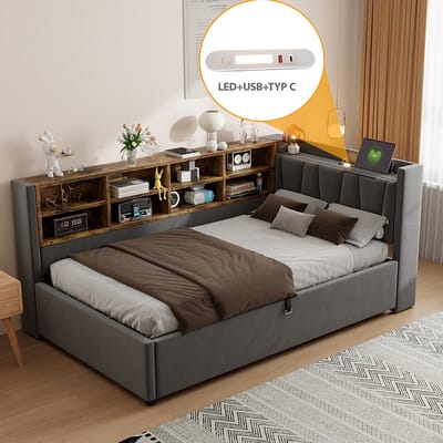 Komhtom Gestoffeerde slaapbank 90*200 cm, met hydraulische opbergruimte, nachtlampje, USB-poort en Type-C-oplaadpoort, met opbergvakken en opbergcompartimenten, gestoffeerd hoofdeinde, multifunctioneel bed, fluweelstof, donkergrijs