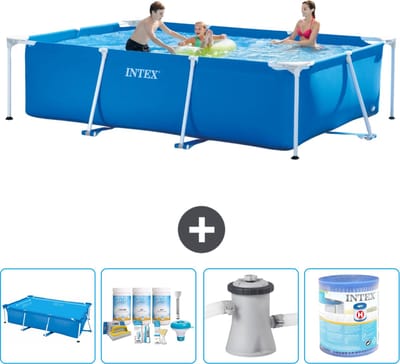 Intex Rechthoekig Frame Zwembad - 300 x 200 x 75 cm - Blauw - Inclusief Solarzeil - Onderhoudspakket - Zwembadfilterpomp - Filter - 5-delig