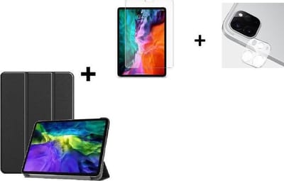 Geschikt voor iPad Pro 11 2021 Hoesje - iPad Pro 11 2021 Screenprotector - iPad Pro 11 2021 Camera Lens Protector - 11 inch -Tri fold book case hoesje TPU Back Cover met stand Zwart + Tempered Glass + Camera Lens Protector