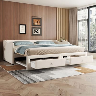 Dagbed - MUVOE - 90x200 cm - Beige - Klapbed - 2 opberglades beige