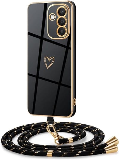 Beschermende Hoes voor Galaxy A26 5G met Lanyard, Siliconen Hartvorm, Verstelbare Draagriem in Goud en Zwart