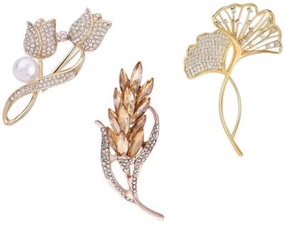 3 Stuks - goudkleurige broches voor dames – Sierspeld - tulp, ginkgo en tarwe - goudkleurige broche - broche bloem