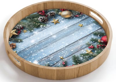 Dienblad rond 40x40 cm - Schootdienblad hout - Kerstomlijsting - Sneeuw - Meerkleurig - Borrelplank rechthoek - Plateau houten dienbladen