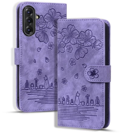 BookCover Hoes Etui geschikt voor Samsung Galaxy A57 - Paars - Bloemen Kat - Reliëf