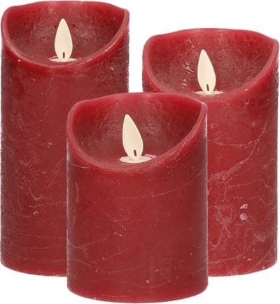 Set van 3x stuks Bordeaux rood LED kaarsen met bewegende vlam - Sfeer stompkaarsen voor binnen