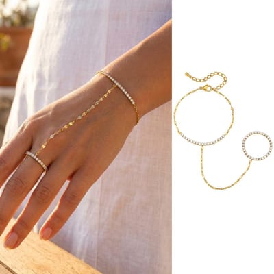 Bracelet Esclave Perles Bohème, Acier Inoxydable Plaqué Or 18K, Chaîne de Main Étanche Bracelet Anneau de Doigt Bijoux Pour Femmes brown