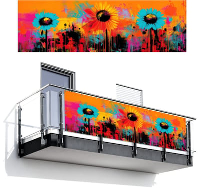 Balkonscherm 300x95 cm - Balkonposter Zonnebloemen - Abstract - Oranje - Balkon scherm decoratie - Balkonschermen - Balkondoek zonnescherm
