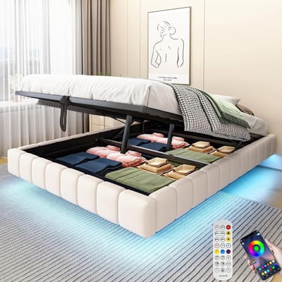 Tweepersoonsbed 140x200 met opbergruimte en LED-verlichting, Gestoffeerd Modern Bedframe Beige