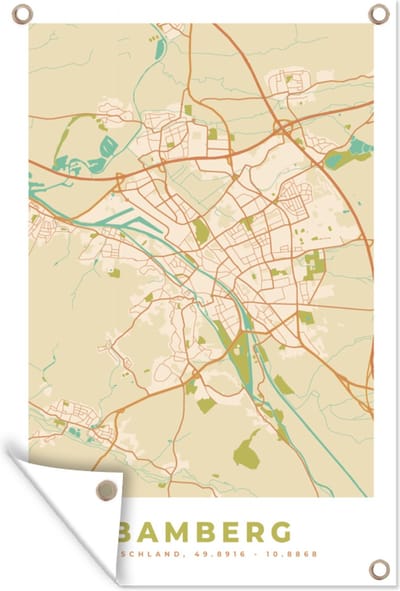 Muurdecoratie Bamberg - Plattegrond - Kaart - Stadskaart - Vintage - 120x180 cm - Tuinposter - Tuindoek
