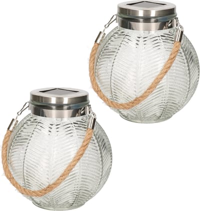 2x stuks transparante solar lantaarn van gestreept glas rond 16 cm - Tuinlantaarns - Solarverlichting - Tuinverlichting