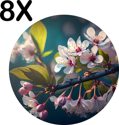 Luxe Ronde Placemat - Kersen Bloesem aan een Tak - Set van 8 Placemats - 50x50 cm - 2 mm dik Vinyl - Anti Slip - Afneembaar