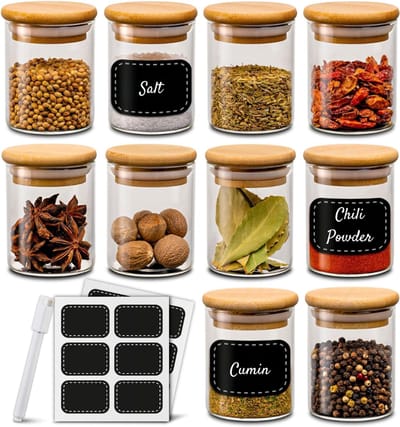 Kruidenpotjes Set - Specerij Containers - Keuken Ordenen - Nederlandse Etiketten - Bruin met glas