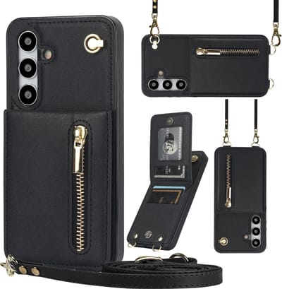 Stravo Samsung Galaxy S24 FE Portemonnee Hoesje met Rits, Kaarthouder en Crossbody Lanyard Tas [Afneembare Schouderriem] met Kickstand - Zwart