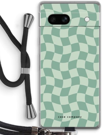 Case Company® - Hoesje met koord geschikt voor Google Pixel 7A hoesje met Koord - Grid Groen - Telefoonhoesje met Zwart Koord - Bescherming aan alle Kanten en Over de Schermrand