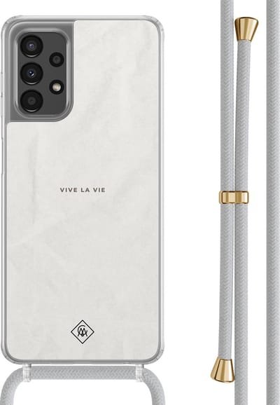 Casimoda® hoesje met grijs koord - Geschikt voor Samsung A13 4G - Vive La Vie - Afneembaar koord - TPU/polycarbonaat - Grijs