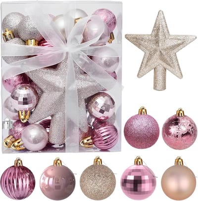 Kerstmis - Kerstversiering - Kerstboomversiering - Mini-kerstballen met hangers - Mini-kerstboomballen van 3 cm - Roségouden kerstballen - Mini-kerstbomen - Tafelboomdecoratieset - 30-delig