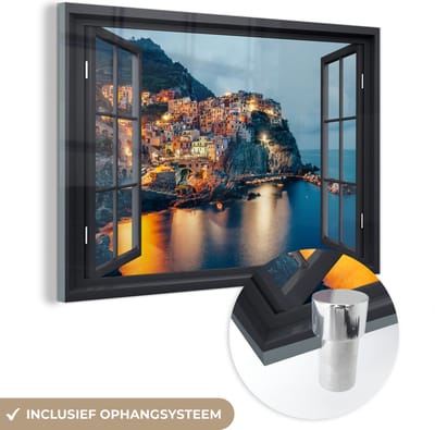MuchoWow® Glasschilderij 60x40 cm - Schilderij acrylglas - Doorkijk - Italië - Zee - Foto op glas - Schilderijen