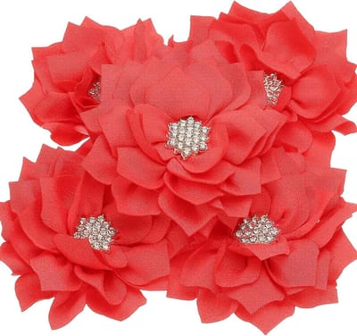 Stoffen Bloemen - Chiffon Applicaties - Ambachtelijke Decoratie - Met Parels - 5 Stuks 9 cm - Rood/Oranje