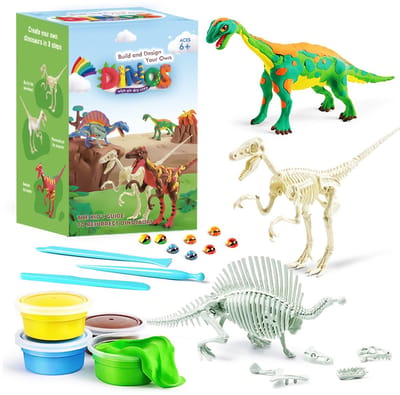 Knutseldoos Zelfmaakset- DIY Dinosauriënbouwset met Lucht Droogklei - 3 Dino Skeletten + 15 Kleuren Klei - Creatief Knutselpakket voor Kinderen - Bouw & Ontwerp Je Eigen Dino’s - Educatief Speelgoed 6+