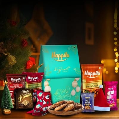 Coffret cadeau Happilo Fruits secs Dasher 200 g, gourmandises et en-cas de Noël, bonnet de Père Noël, sapin, 1 paire de chaussettes, Krunch, en-cas de fête