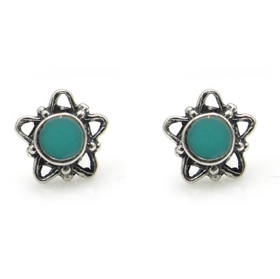 Zilveren oorknopjes bloem met turqoise hart boho stijl oud-zilver kleurig diameter 7 mm