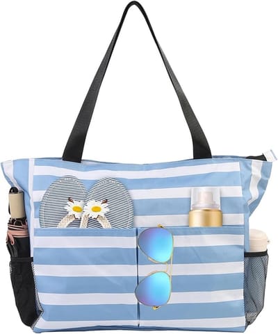 Strandtas met rits voor dames - Veelzijdige strandtas met grote capaciteit - 8 compartimenten - Opvouwbare, draagbare tas - Waterdichte tas - Cadeau voor dames - Waterdichte tas voor strand, reizen, zwembad, sportschool - Blauw