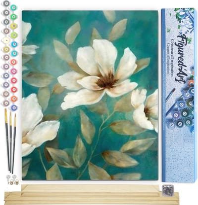 Figured'Art Schilderen op Nummer Volwassenen canvas Witte Bloem 1 - Handwerk acrylverf Kit DIY Compleet - 40x50cm met DIY houten lijst